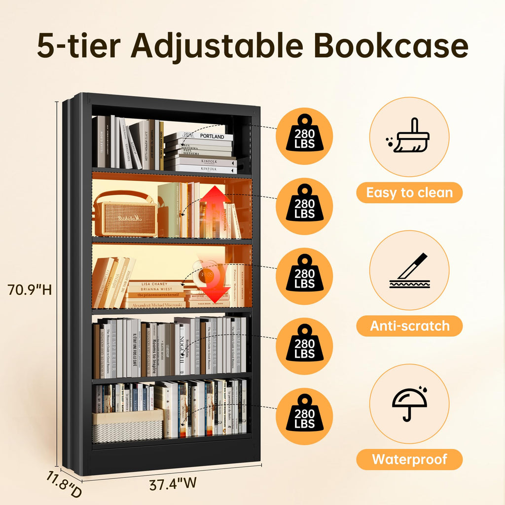 Black 5-Tier Metal Bookcase with Adjustable Shelves Q6570