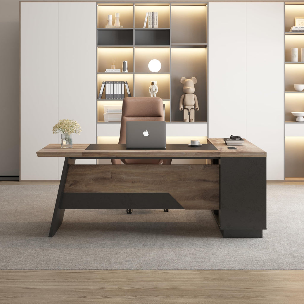 Black and Wood L Shape Executive Desk with Drawers and Shelves U637
