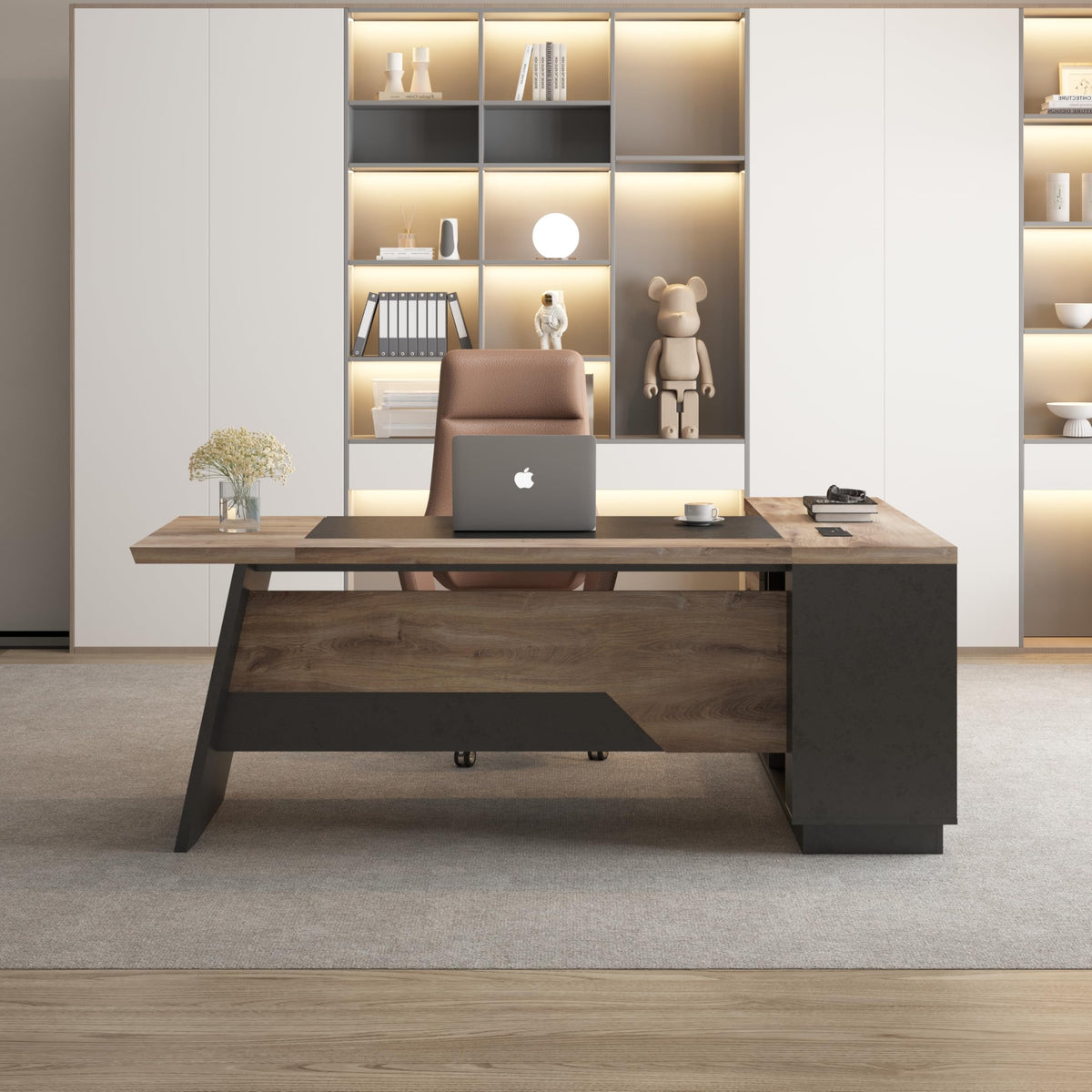 Black and Wood L Shape Executive Desk with Drawers and Shelves U637