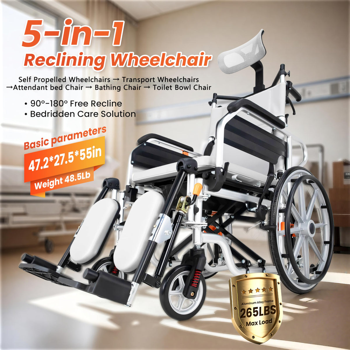 5-In-1 Fold Reclining Wheelchair with Elevating Leg Rests Q635