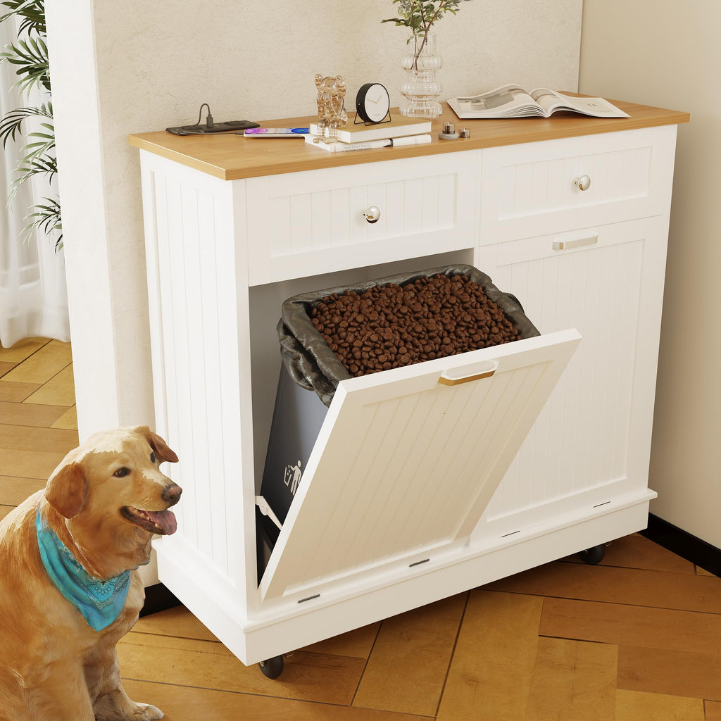 20 Gallon Wooden Tilt-Out Trash Can Cabinet with 2 Drawers, White B53464