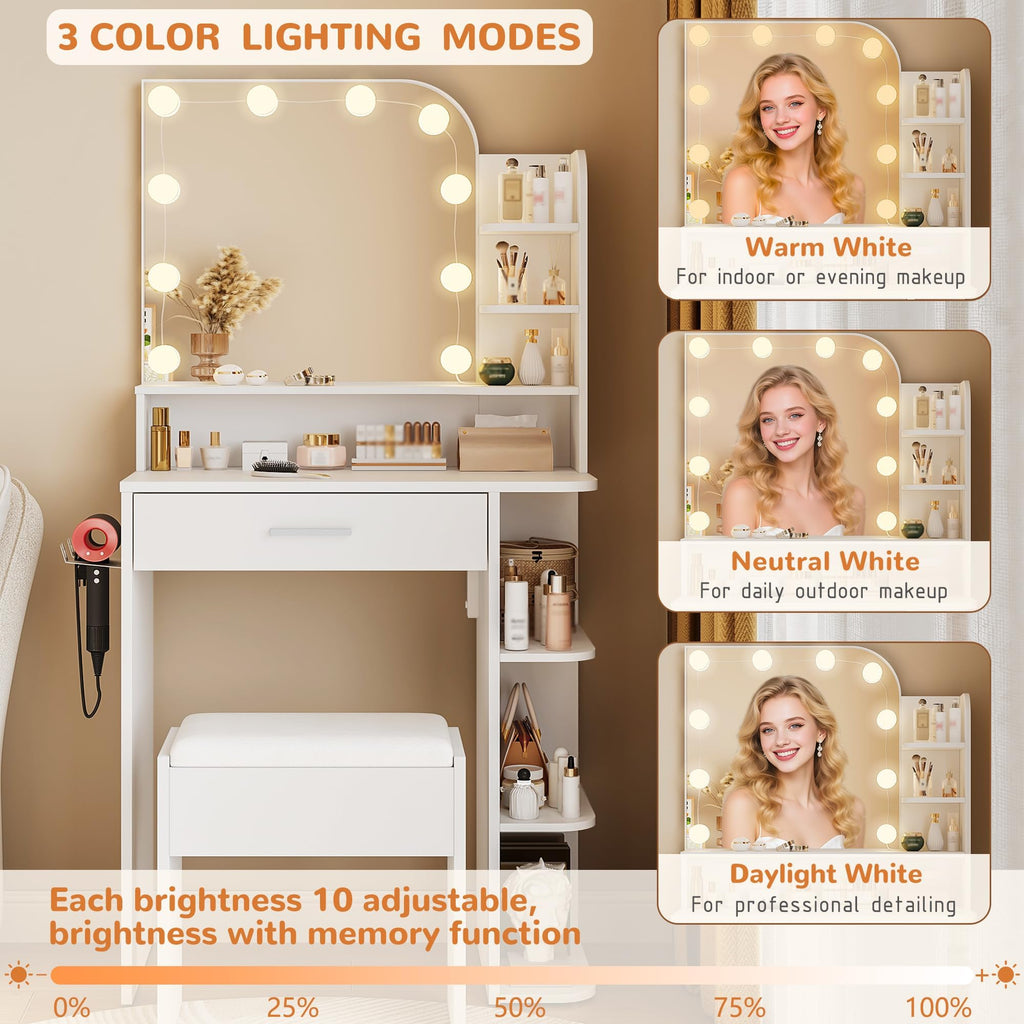 White Small Vanity Set with Chair, Mirror & Lights E4812
