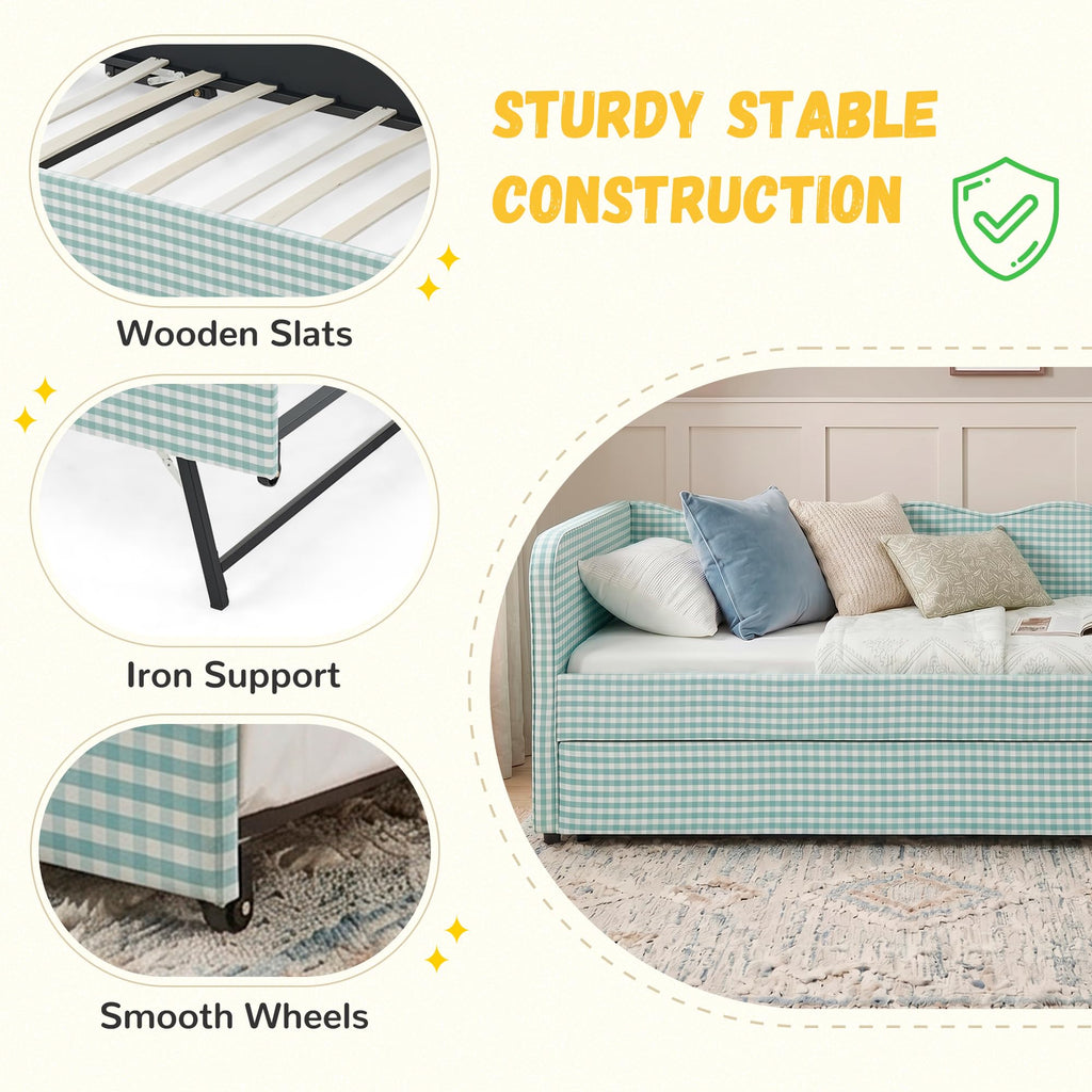 Twin Size Gingham Daybed with Trundle and Side Storage Pockets O834745