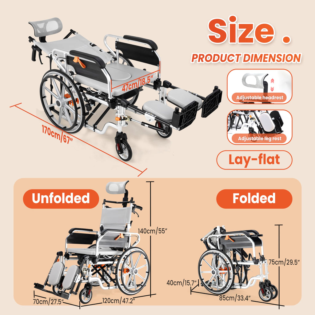 5-In-1 Fold Reclining Wheelchair with Elevating Leg Rests Q635
