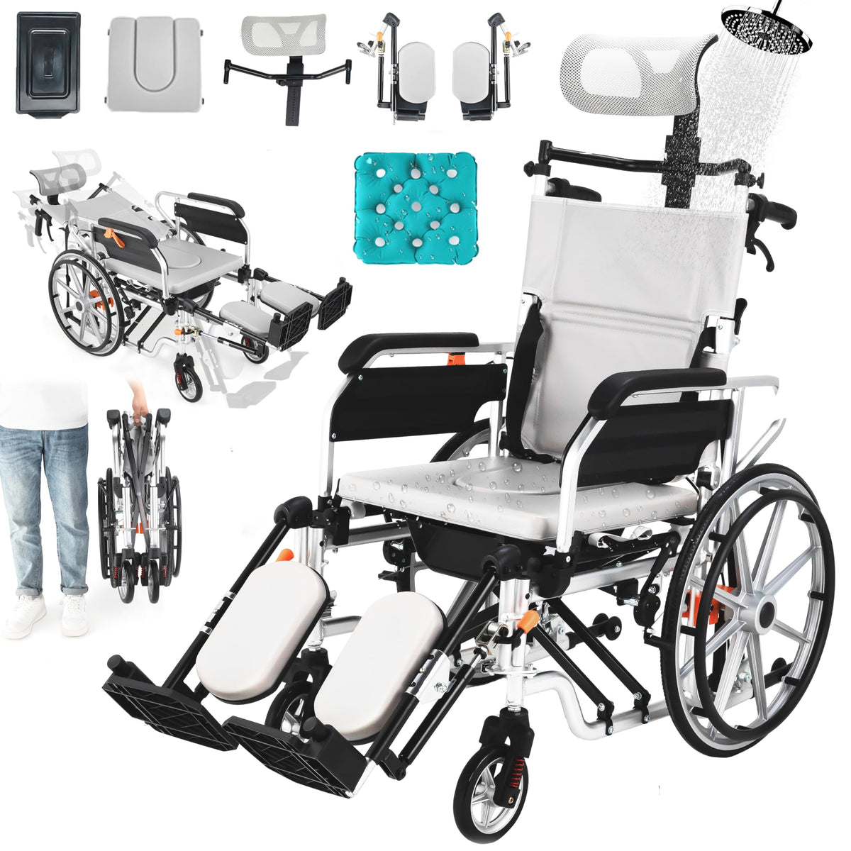 5-In-1 Fold Reclining Wheelchair with Elevating Leg Rests Q635