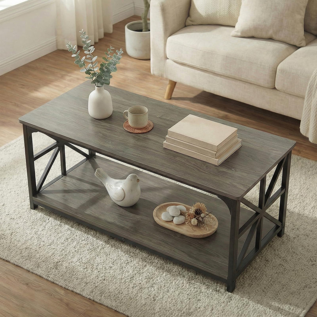 2-Tier Rectangular Coffee Table with Wooden Top and Metal Frame C2696