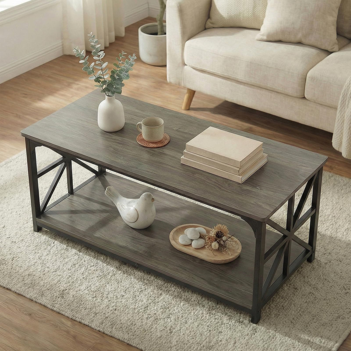 2-Tier Rectangular Coffee Table with Wooden Top and Metal Frame C2696
