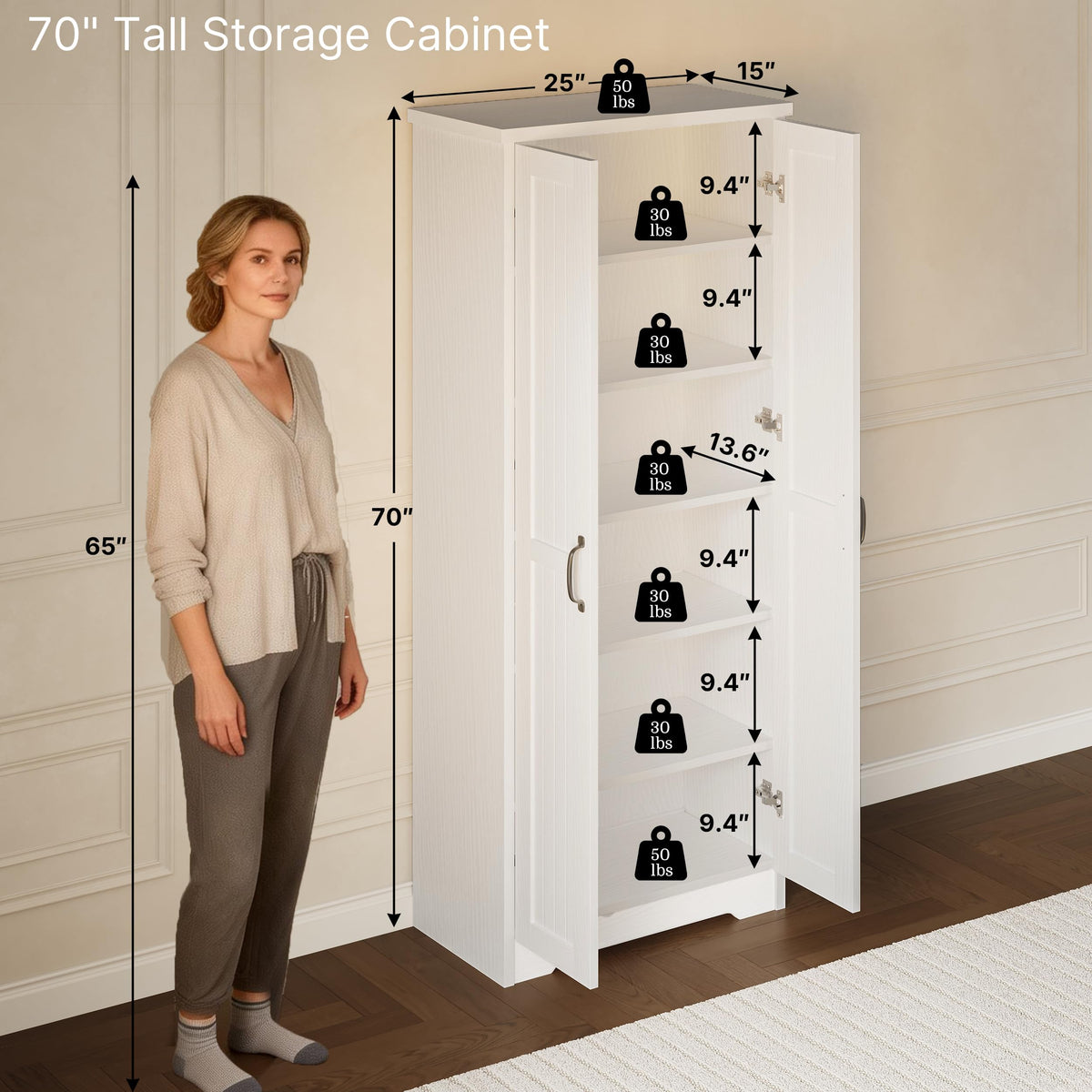 70" Tall Wood Storage Cabinet with 6 Adjustable Shelves X622