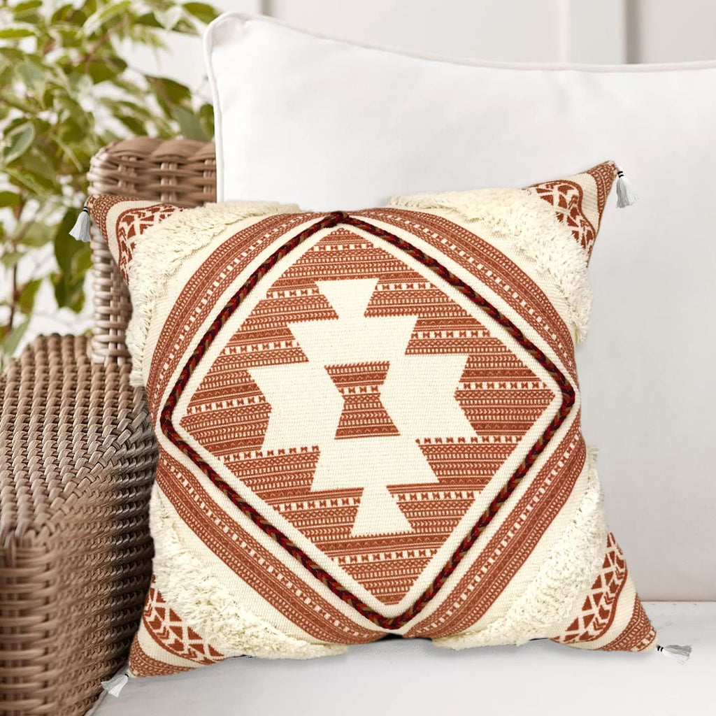 Boho Decorative Throw Pillow Cover with Tassels Fringe 18''x18'' H4792