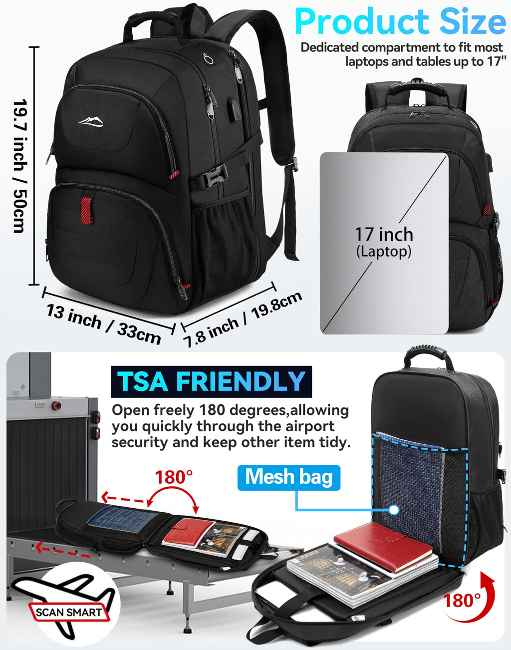 Extra Large Black Laptop Backpack with USB Charging Port W659