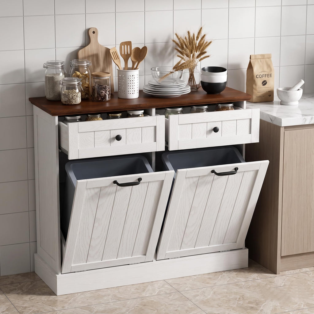 White 2x10 Gallons Tilt Out Trash Can Cabinet T68886