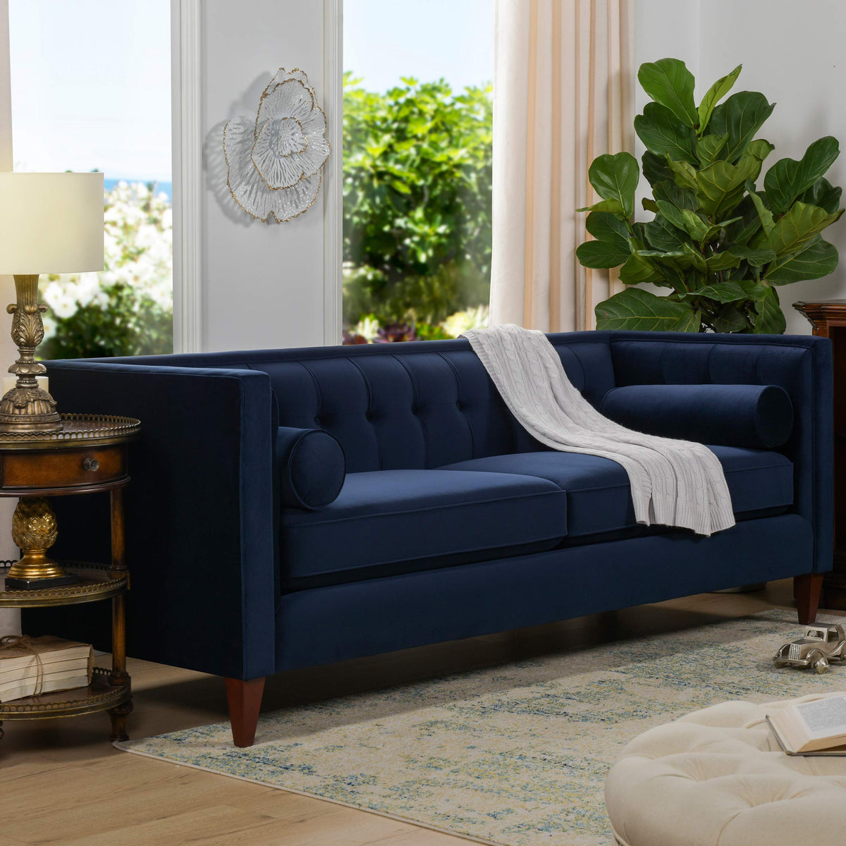 Dark Navy Blue Performance Velvet Tufted Sofa H69820