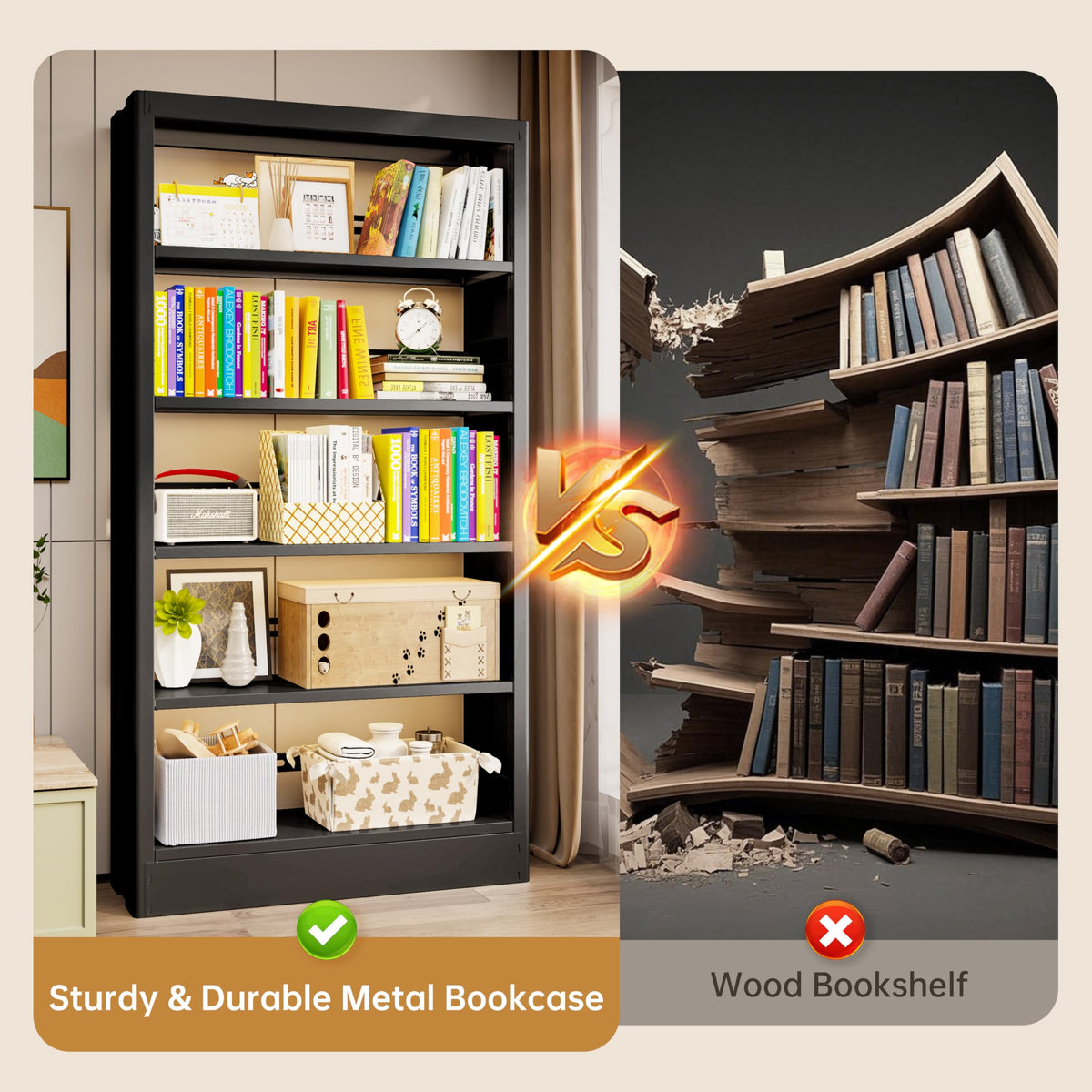 Black 5-Tier Metal Bookcase with Adjustable Shelves Q6570
