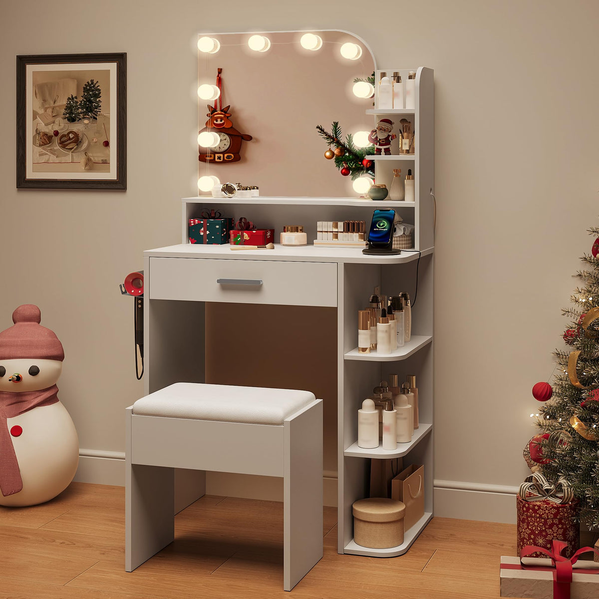 White Small Vanity Set with Chair, Mirror & Lights E4812