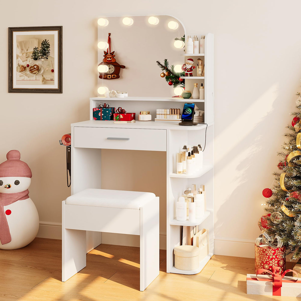 White Small Vanity Set with Chair, Mirror & Lights E4812