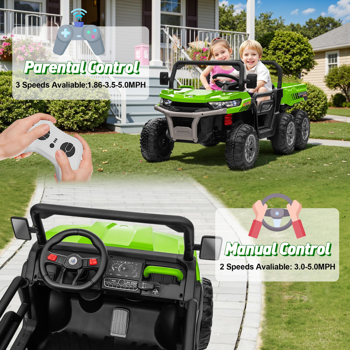 24V 2 Seater 4WD 6-Wheels Battery Powered Ride On Dump Truck A6306