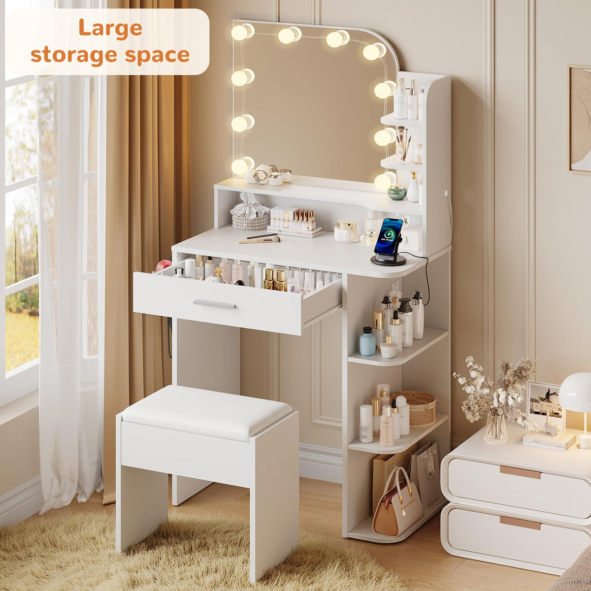 White Small Vanity Set with Chair, Mirror & Lights E4812
