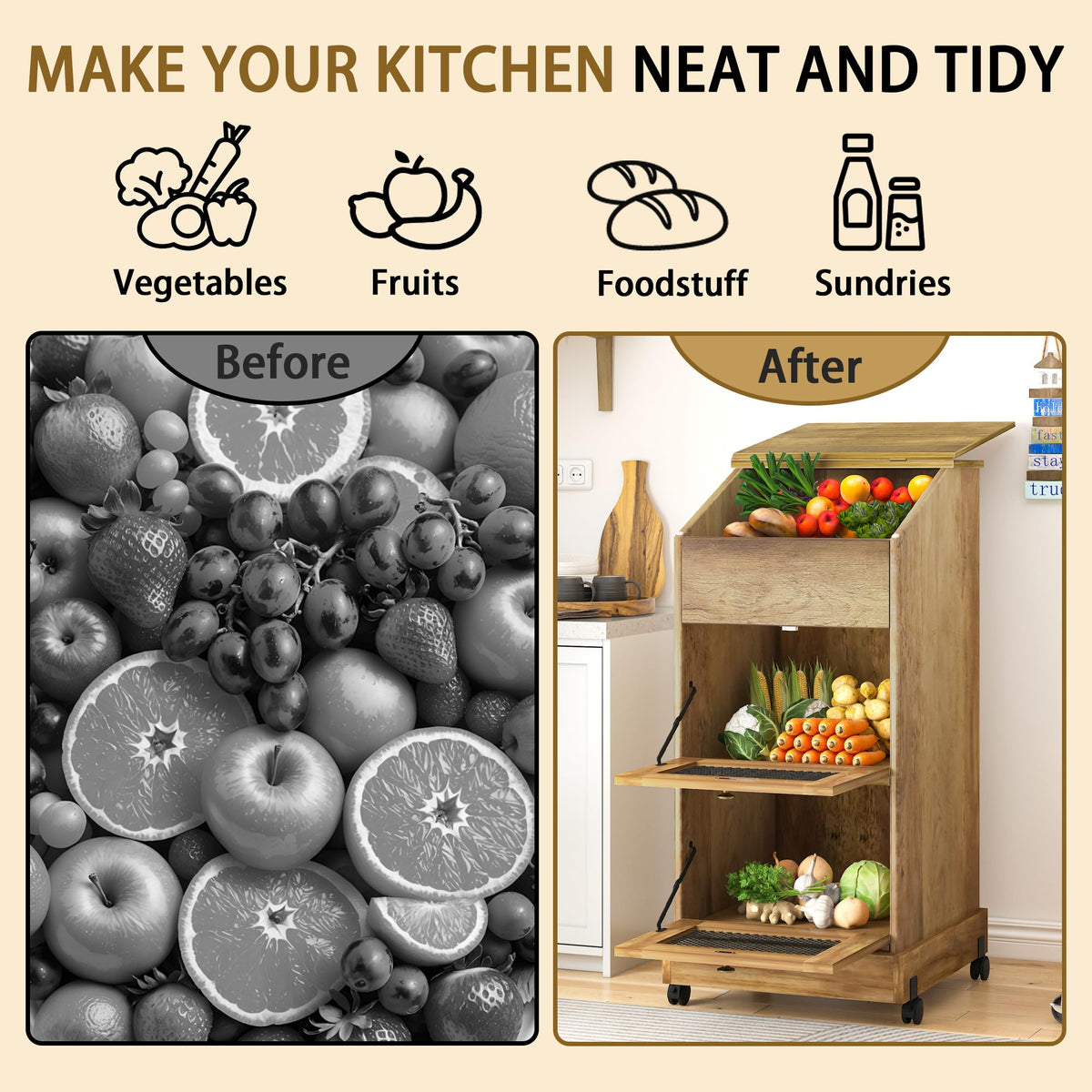 3 Tier Wooden Potato and Onion Storage Bin with Wheels B239