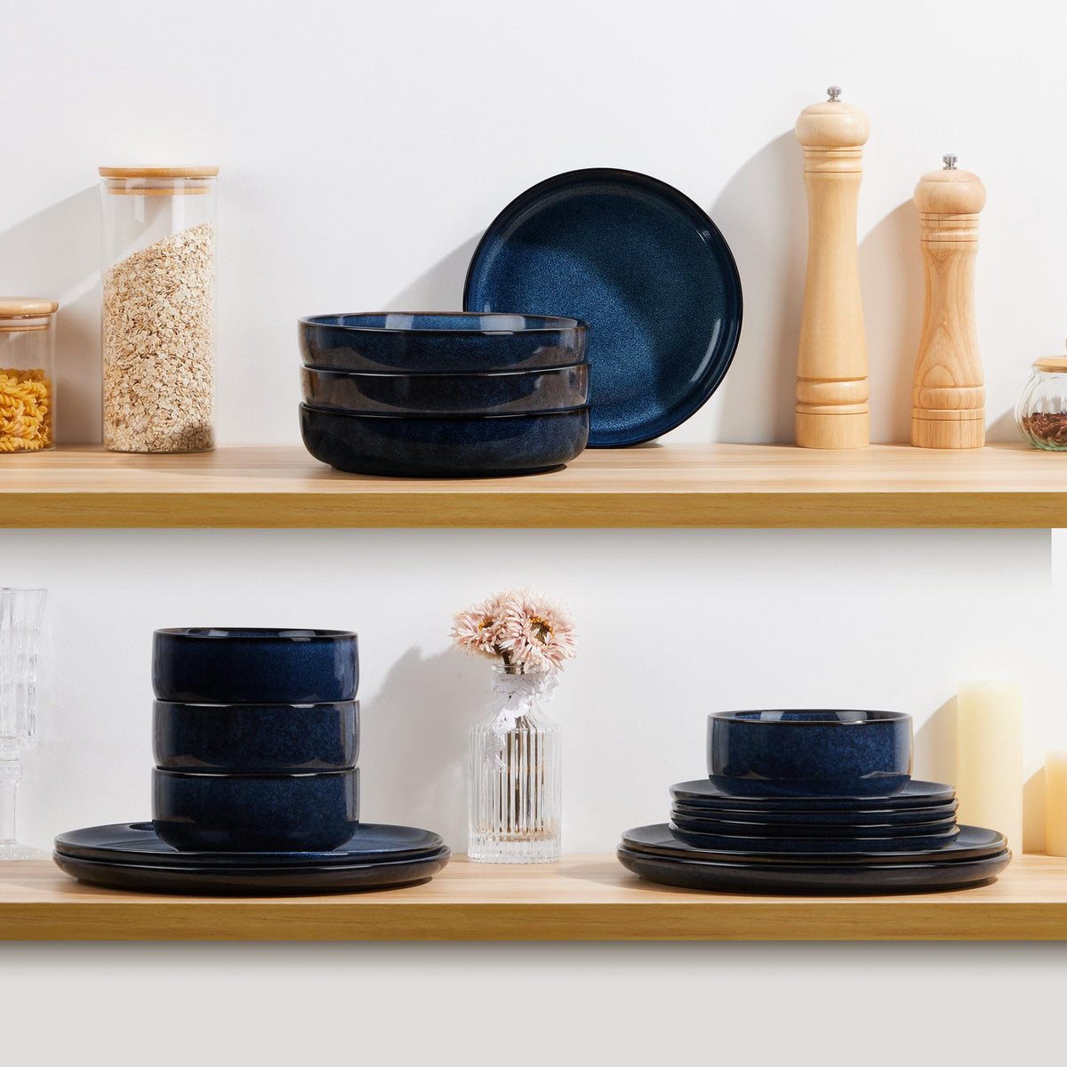 Stoneware Pasta Bowls Set of 4, 35oz Ceramic Bowls, Sapphire Blue H777