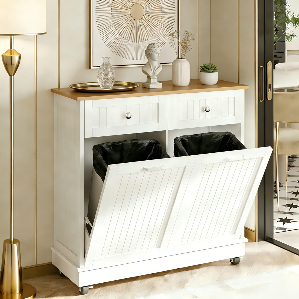 20 Gallon Wooden Tilt-Out Trash Can Cabinet with 2 Drawers, White B53464