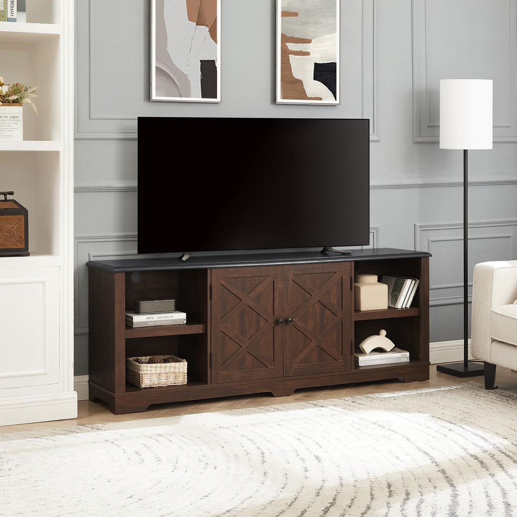 Espresso and Black TV Media Stand with Open Shelves and Closed Cabinets N398