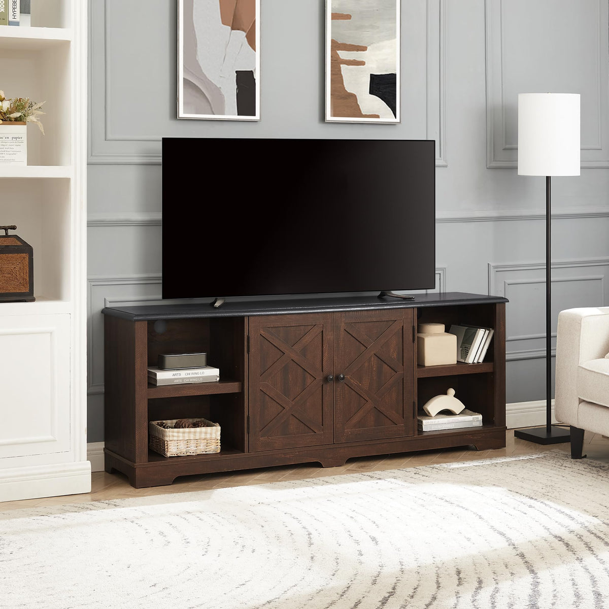 Espresso and Black TV Media Stand with Open Shelves and Closed Cabinets N398