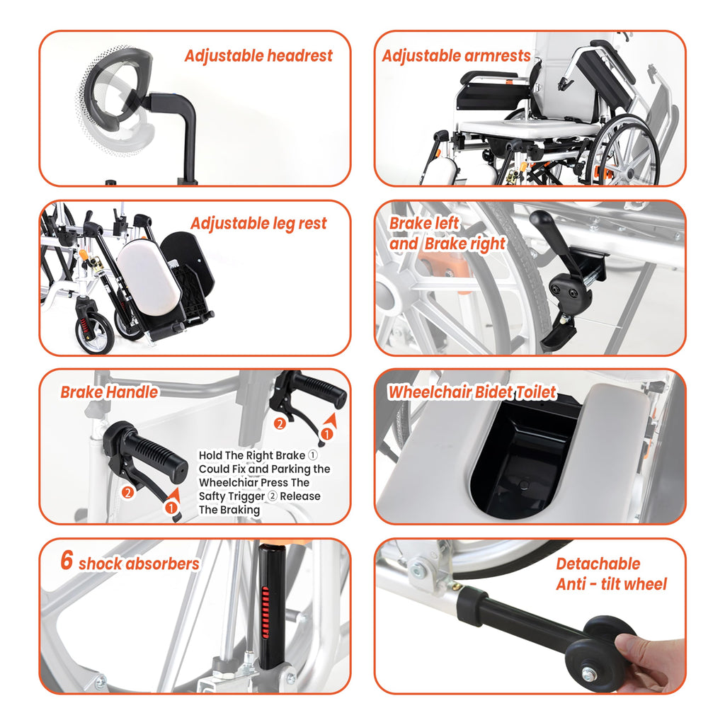 5-In-1 Fold Reclining Wheelchair with Elevating Leg Rests Q635