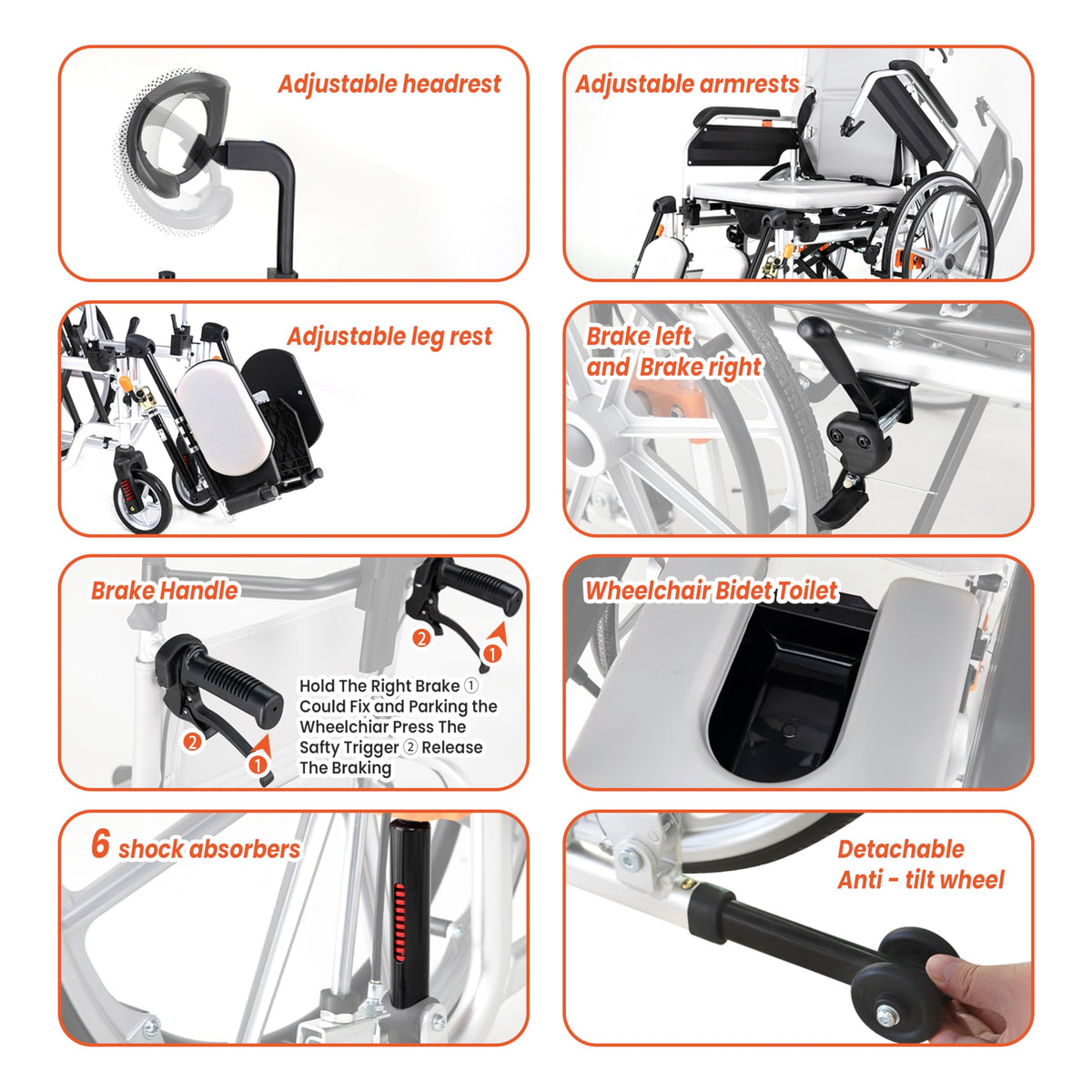 5-In-1 Fold Reclining Wheelchair with Elevating Leg Rests Q635