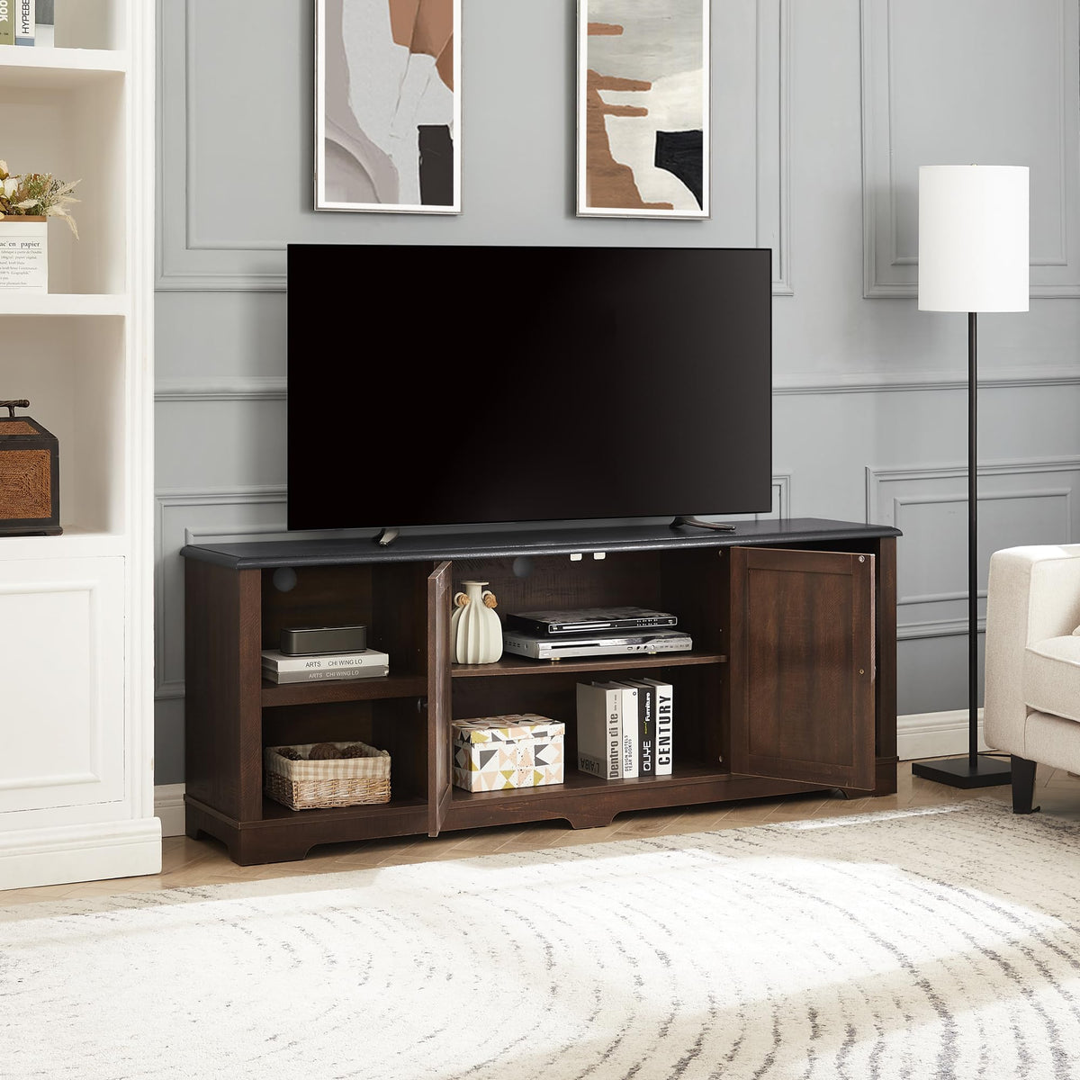 Espresso and Black TV Media Stand with Open Shelves and Closed Cabinets N398