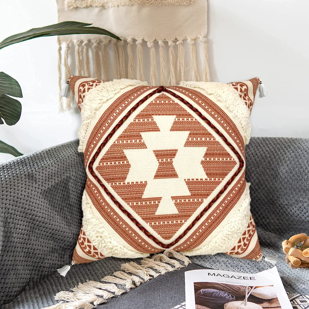 Boho Decorative Throw Pillow Cover with Tassels Fringe 18''x18'' H4792