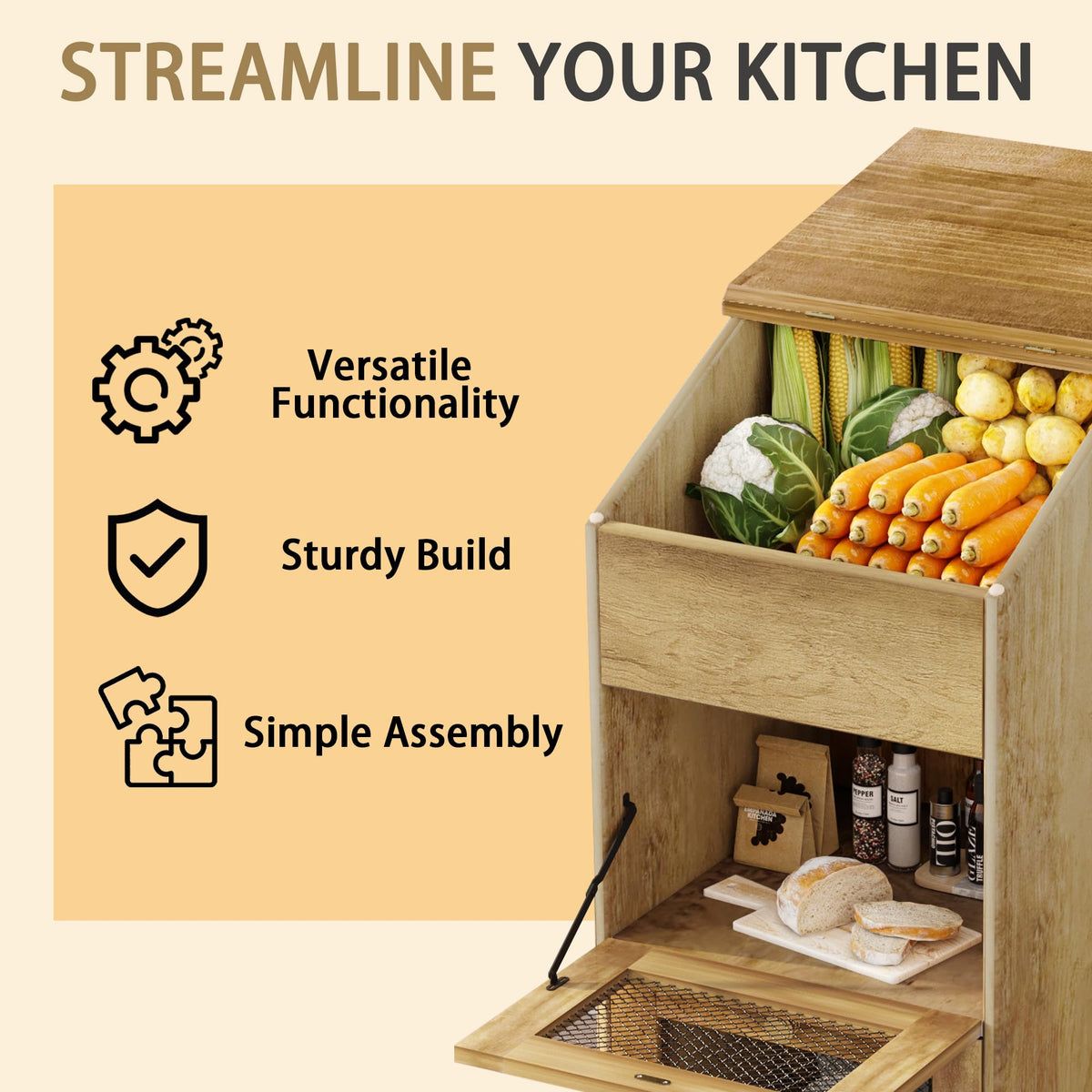 3 Tier Wooden Potato and Onion Storage Bin with Wheels B239