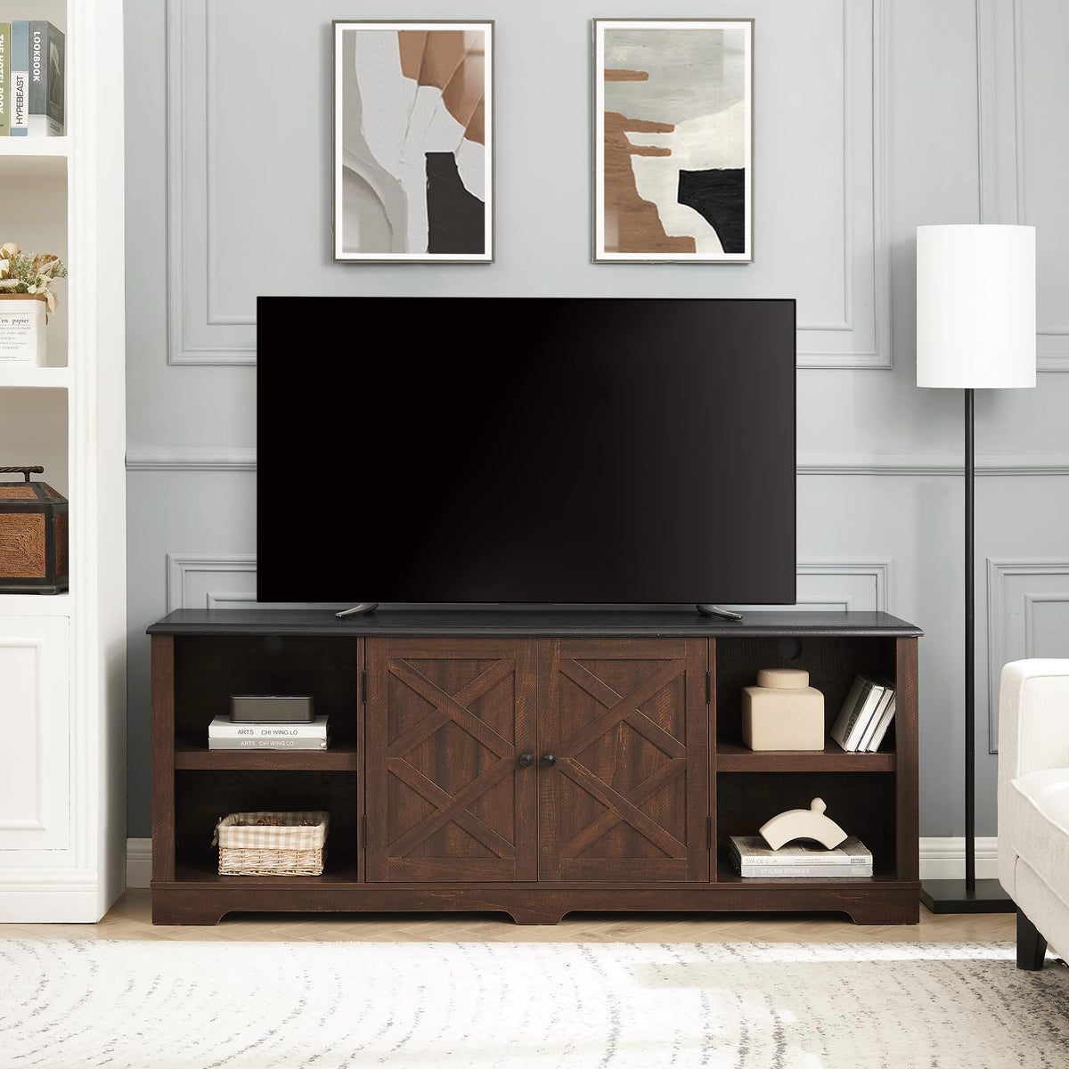 Espresso and Black TV Media Stand with Open Shelves and Closed Cabinets N398