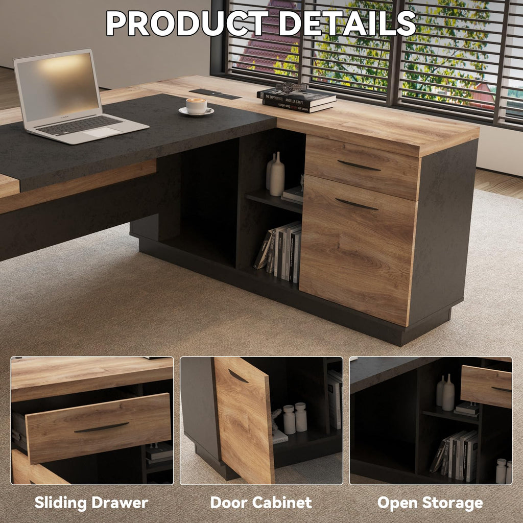 Black and Wood L Shape Executive Desk with Drawers and Shelves U637