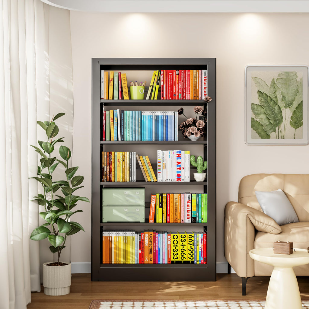 Black 5-Tier Metal Bookcase with Adjustable Shelves Q6570