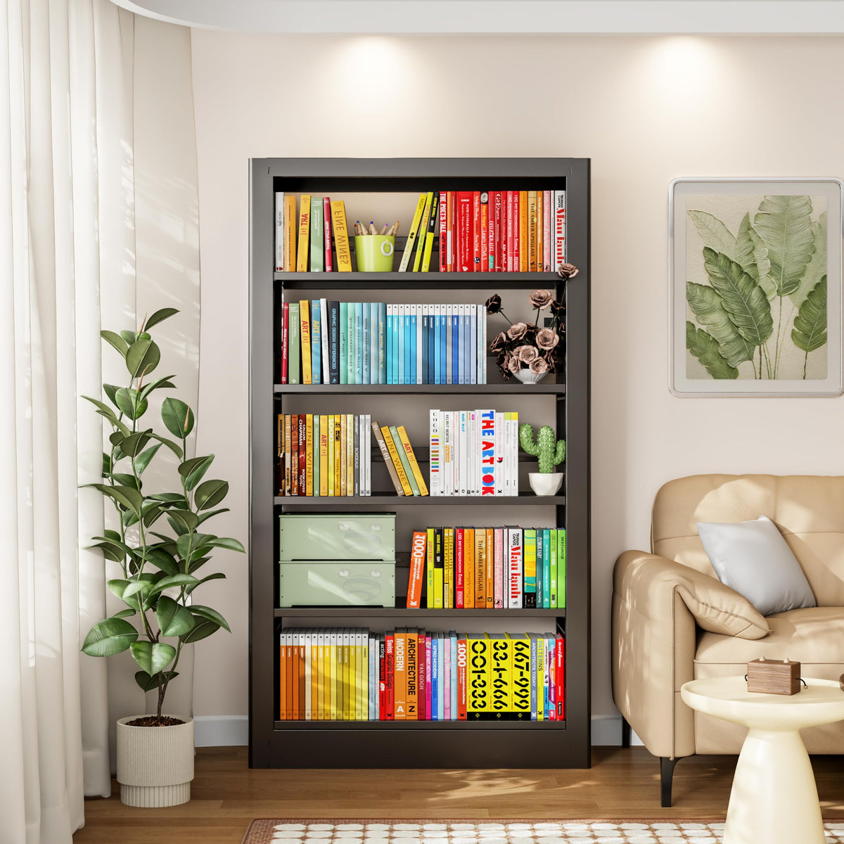 Black 5-Tier Metal Bookcase with Adjustable Shelves Q6570