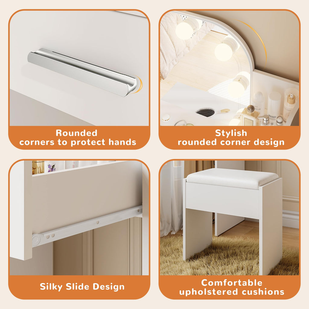 White Small Vanity Set with Chair, Mirror & Lights E4812