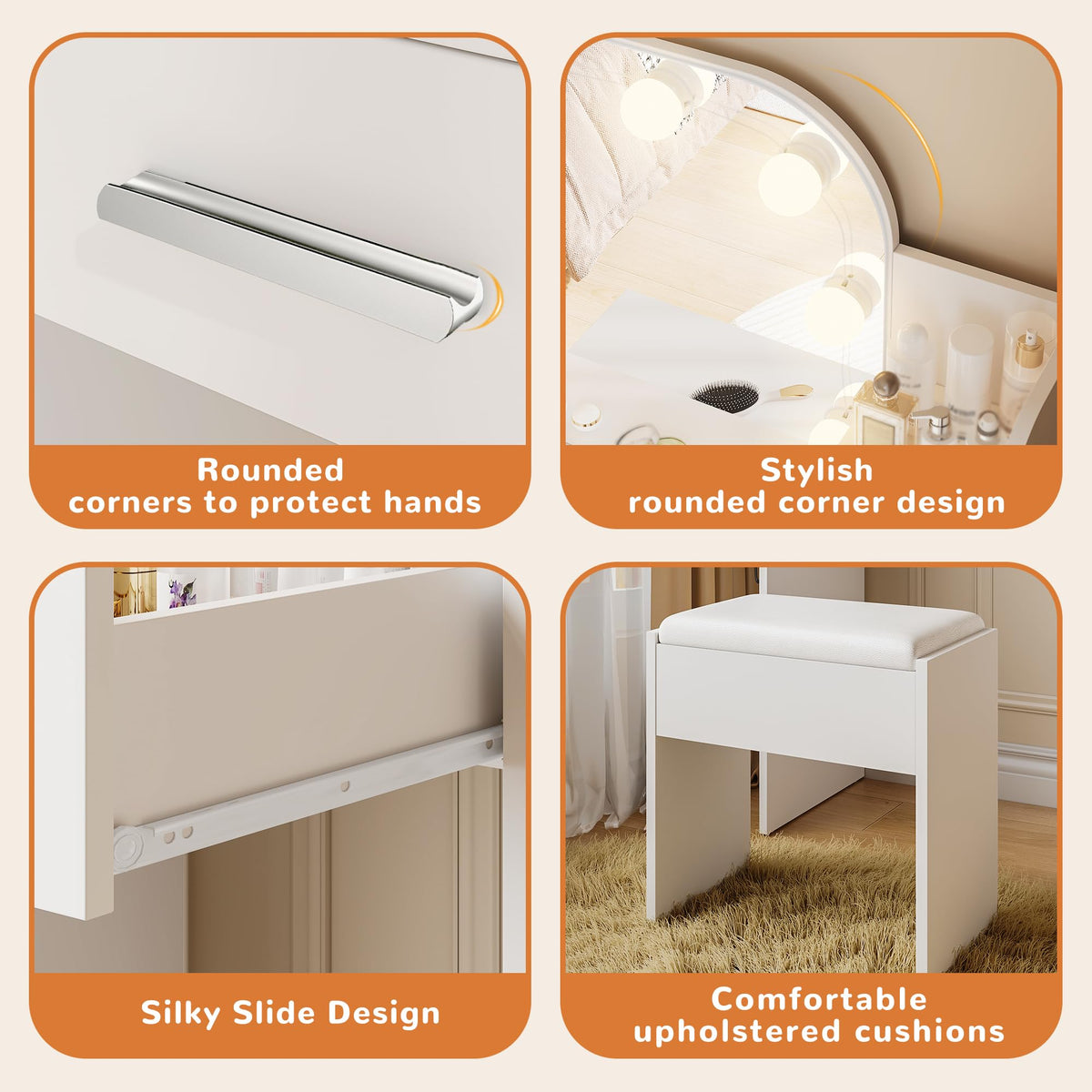 White Small Vanity Set with Chair, Mirror & Lights E4812