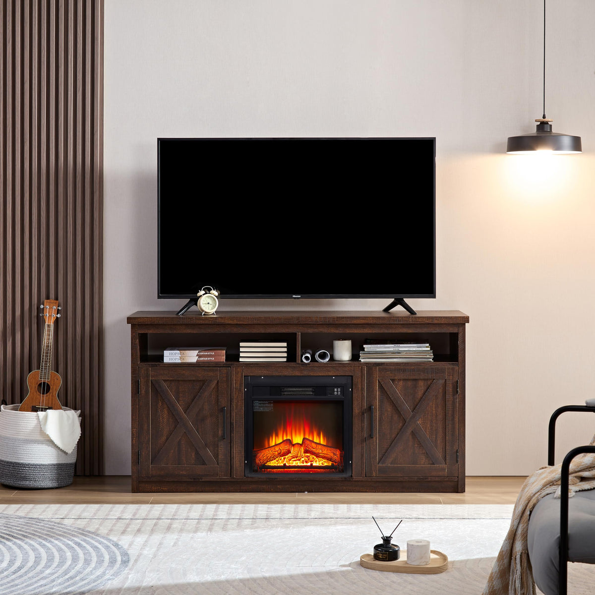 Farmhouse TV Media Stand with 18" Fireplace Insert, Espresso G694
