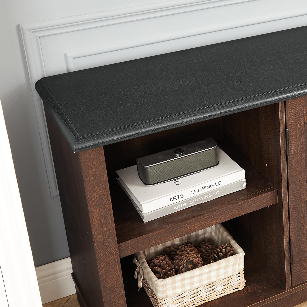 Espresso and Black TV Media Stand with Open Shelves and Closed Cabinets N398