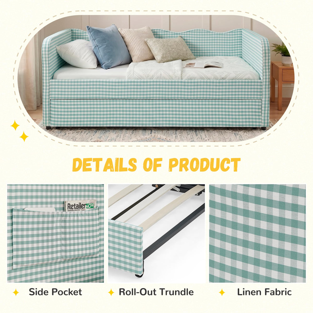Twin Size Gingham Daybed with Trundle and Side Storage Pockets O834745