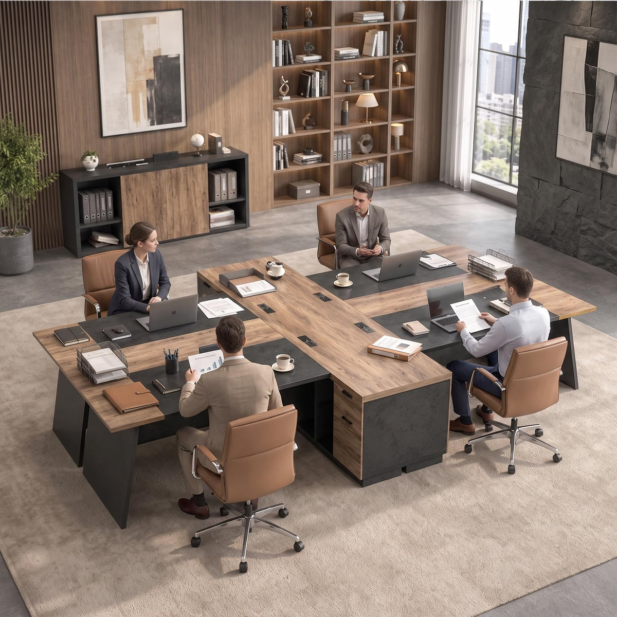 Black and Wood L Shape Executive Desk with Drawers and Shelves U637