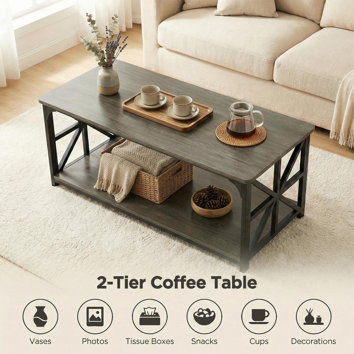 2-Tier Rectangular Coffee Table with Wooden Top and Metal Frame C2696