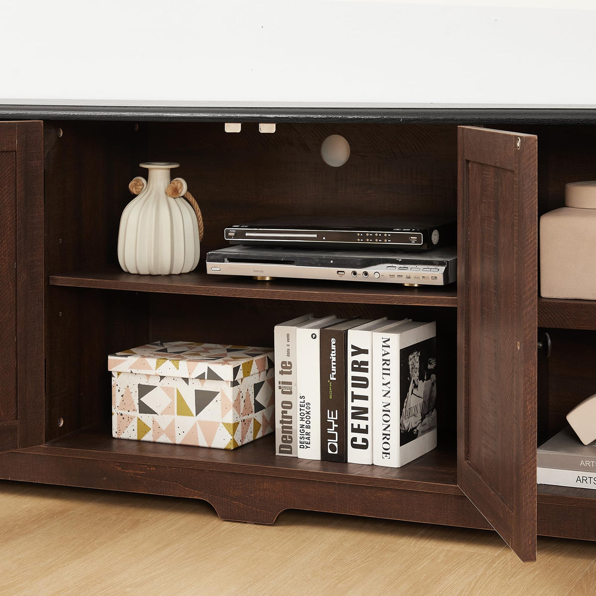 Espresso and Black TV Media Stand with Open Shelves and Closed Cabinets N398