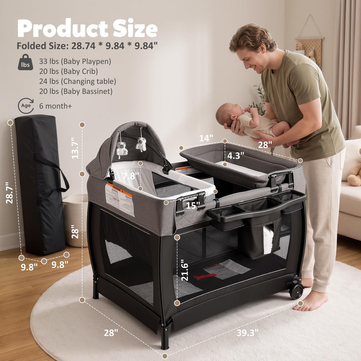 4 in 1 Foldable Pack and Play with Bassinet & Changing Table Y803870