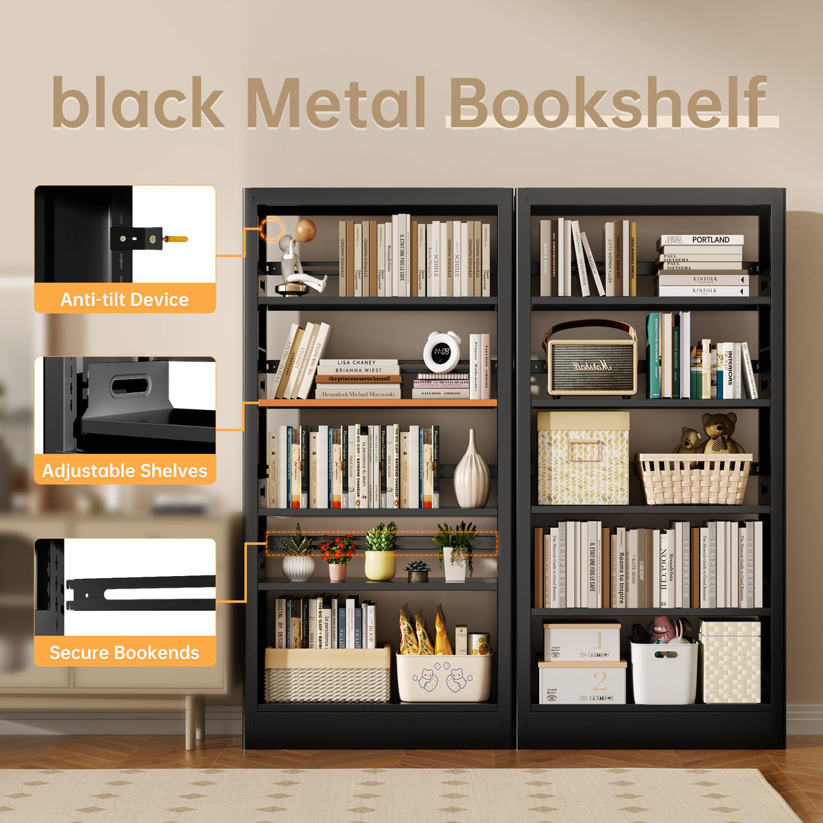 Black 5-Tier Metal Bookcase with Adjustable Shelves Q6570