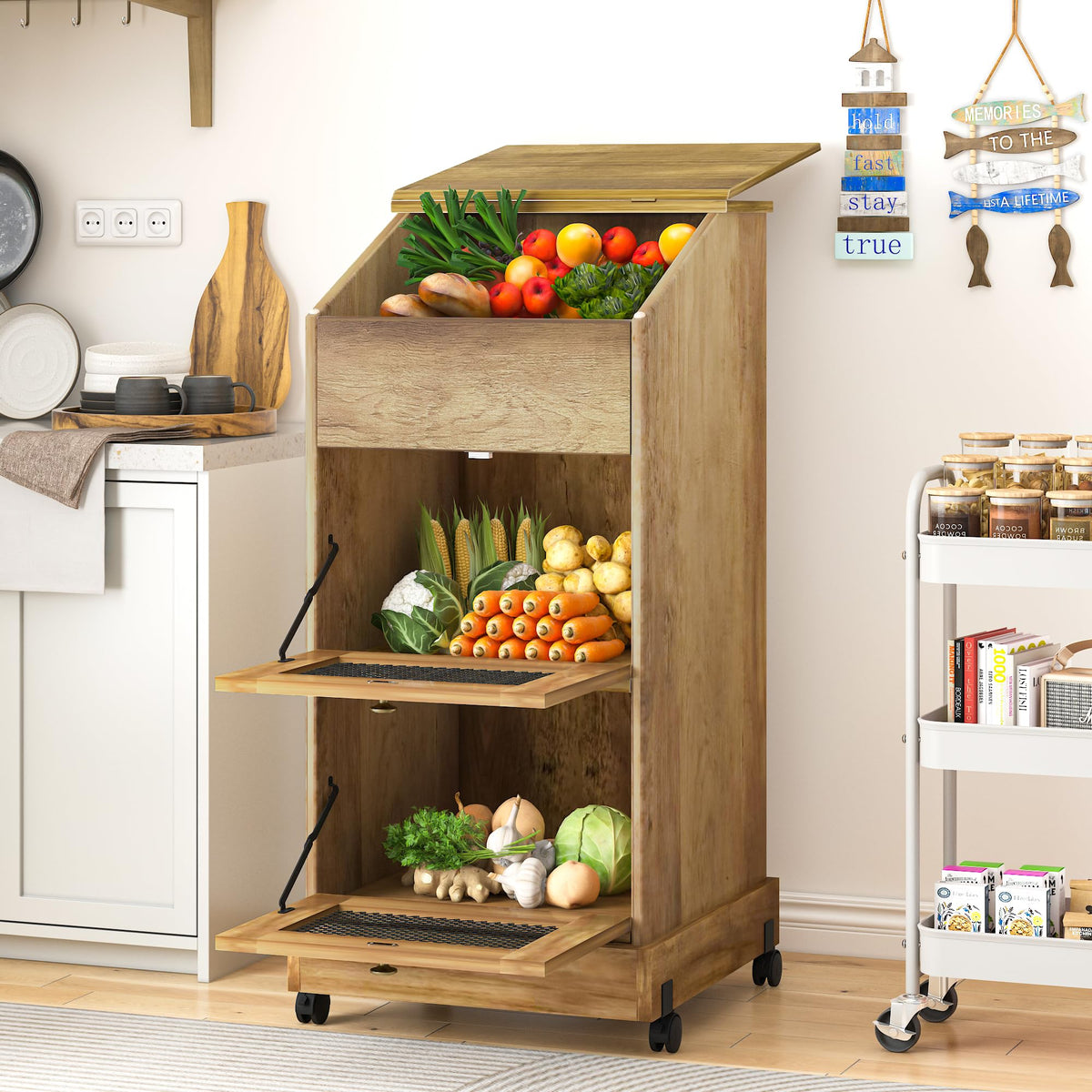 3 Tier Wooden Potato and Onion Storage Bin with Wheels B239