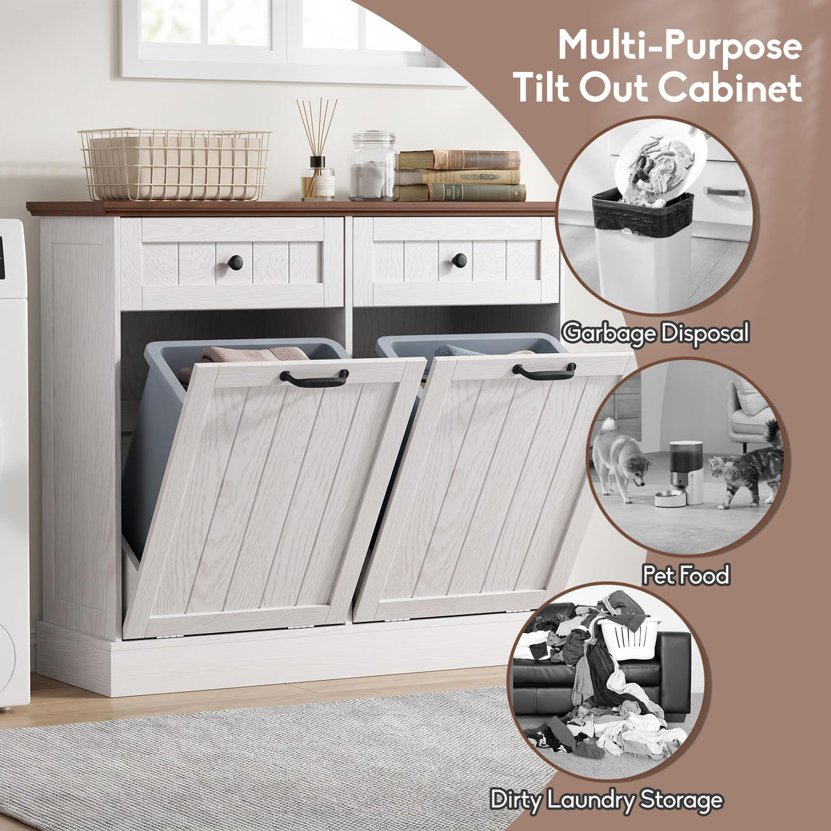 White 2x10 Gallons Tilt Out Trash Can Cabinet T68886