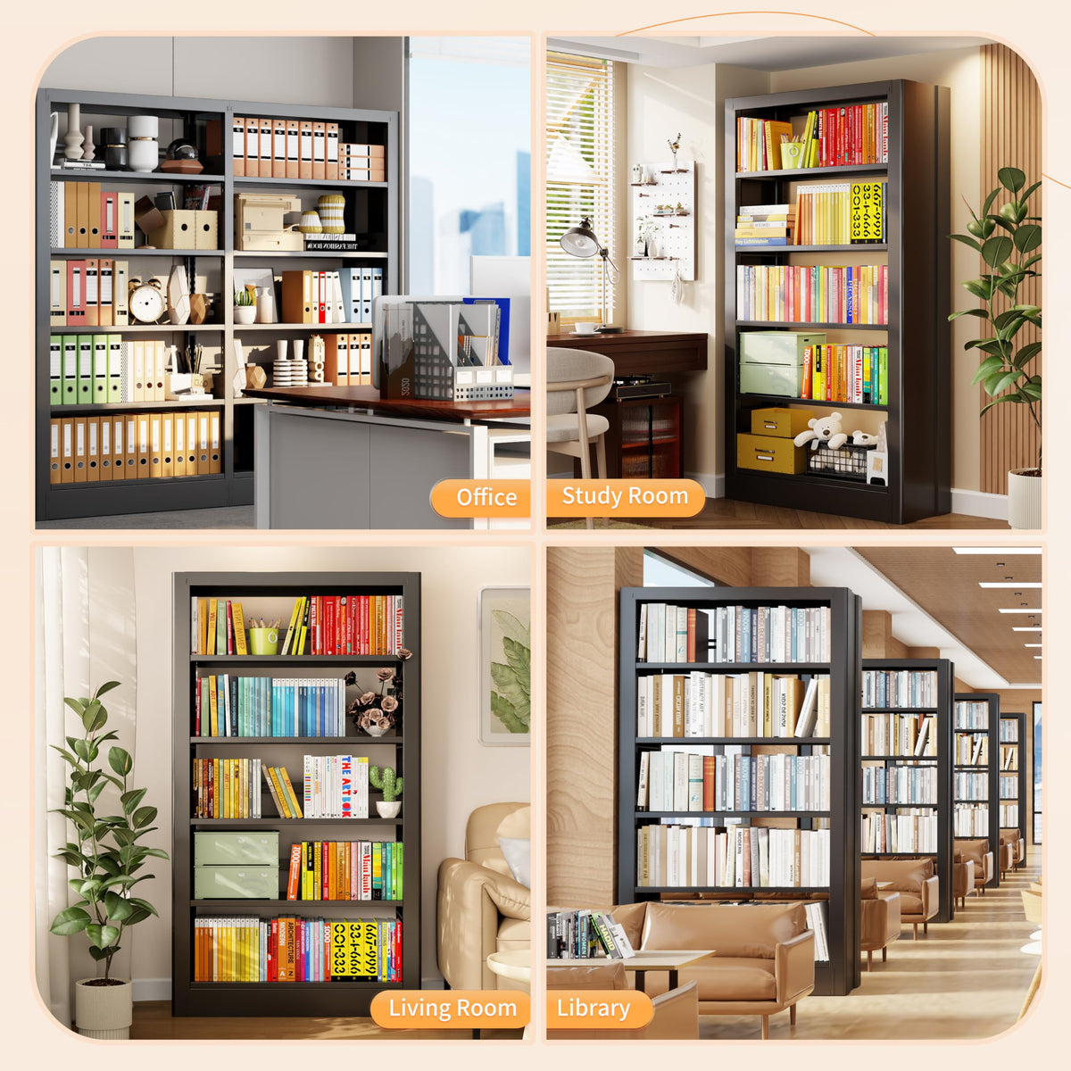 Black 5-Tier Metal Bookcase with Adjustable Shelves Q6570