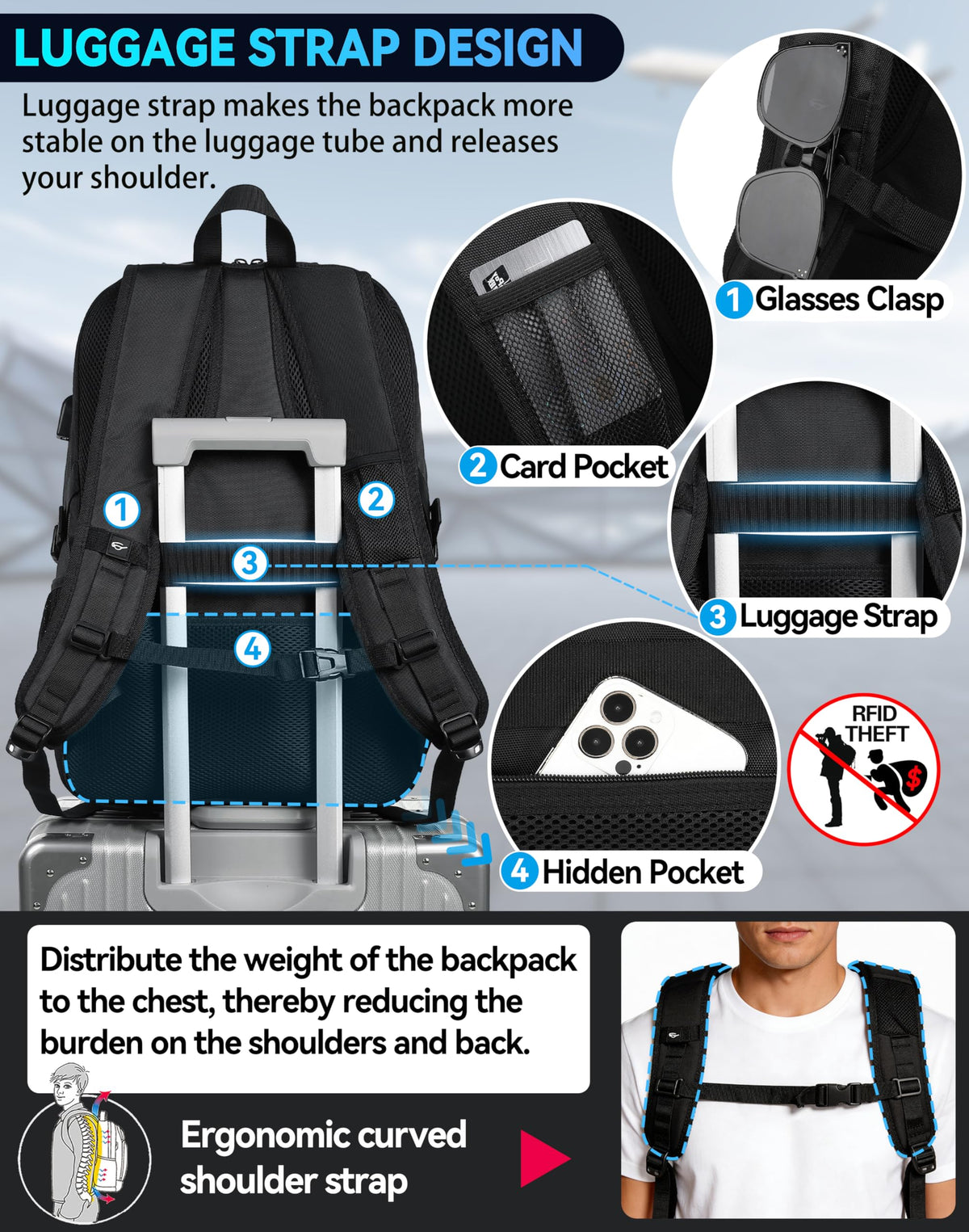 Extra Large Black Laptop Backpack with USB Charging Port W659