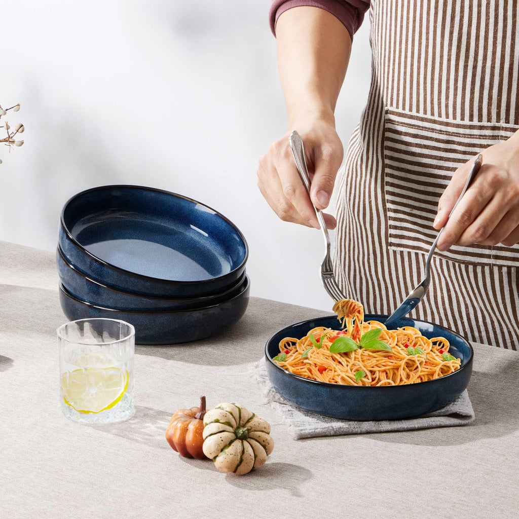Stoneware Pasta Bowls Set of 4, 35oz Ceramic Bowls, Sapphire Blue H777